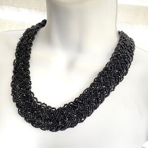 Black Seed Bead Bohemian Wide Braided Collar Necklace